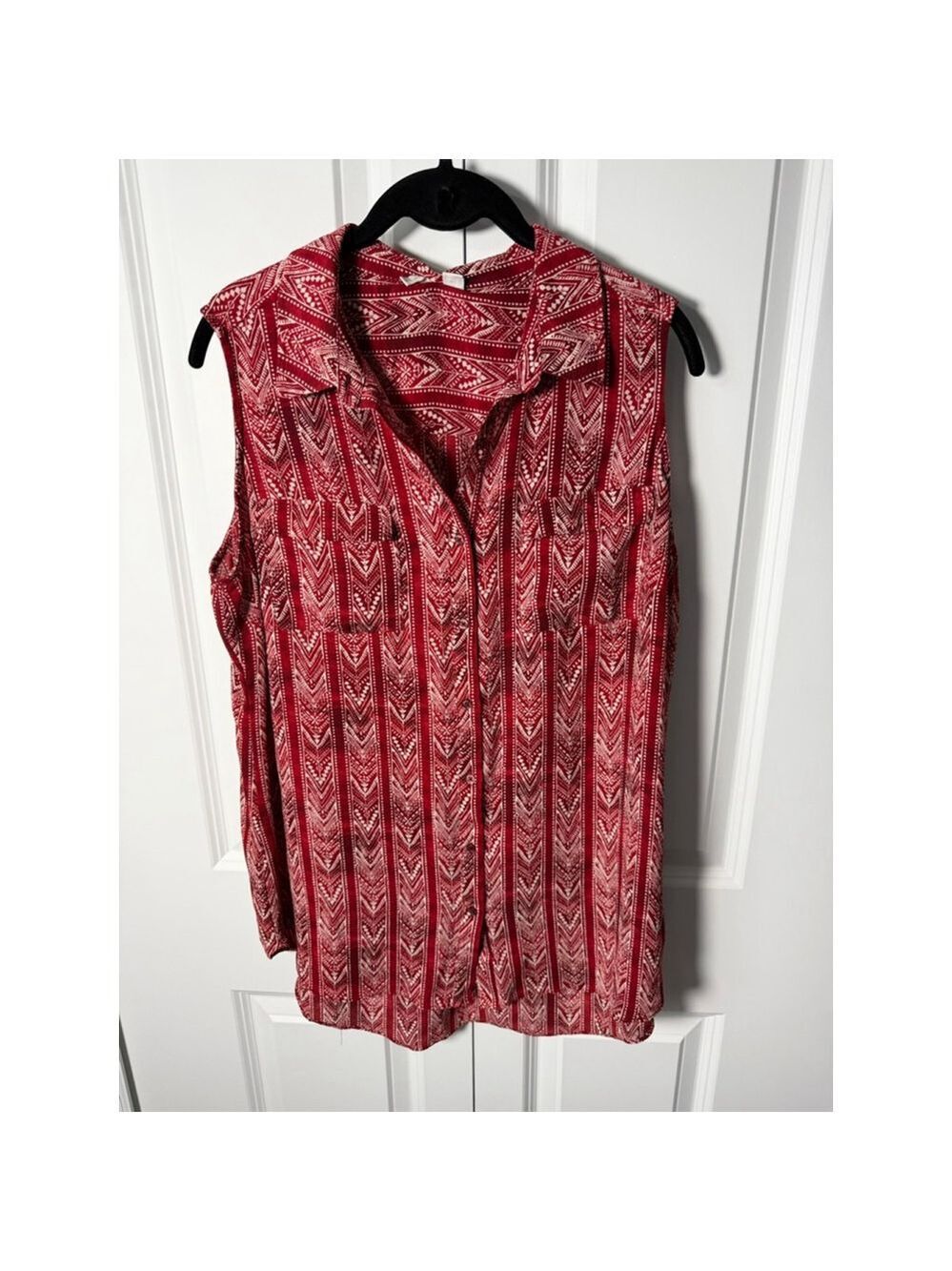 Cato Red & White Patterned Sleeveless Button Down Shirt 14W